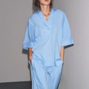 Zara Blue Oversized Poplin Tunic Shirt Dress VDrop Shoulder Cape Style Women L